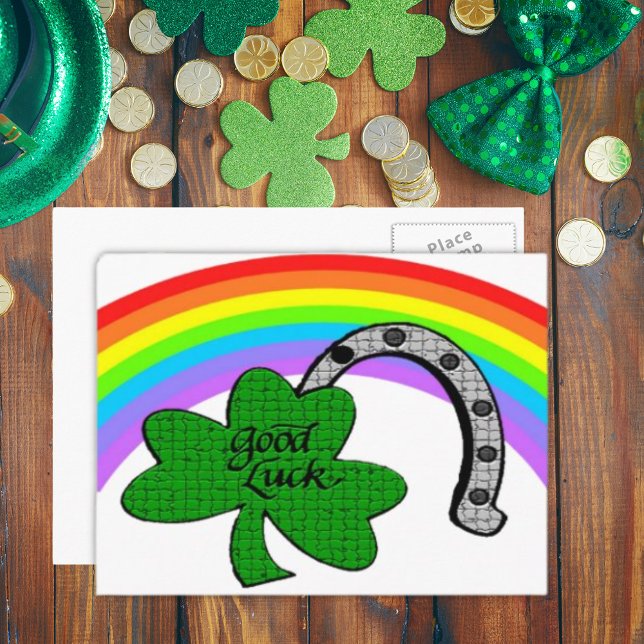 Postal Buena suerte Shamrock, arcoiris y herradura (Good Luck Shamrock, Rainbow and Horseshoe Postcard)