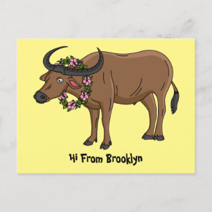 Postal Búfalo de agua con flores ilustracion personalizad