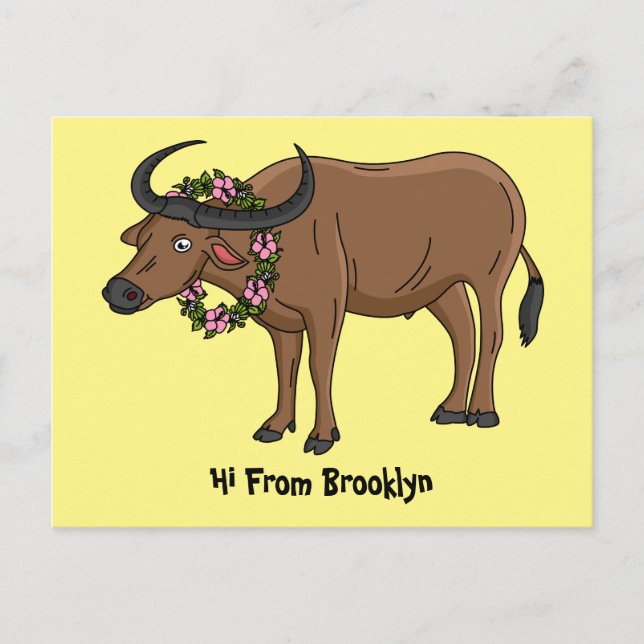 Postal Búfalo de agua con flores ilustracion personalizad (Anverso)