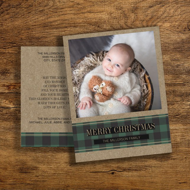 Postal Búfalo de cuadros verde en foto de Kraft Feliz Nav (Green buffalo plaid rustic Christmas photo greeting card)