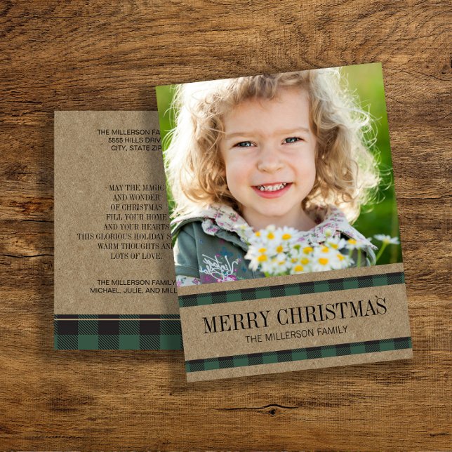 Postal Búfalo ruso revuelto verde dulce foto navideña (Green buffalo plaid Christmas photo greeting postcard)