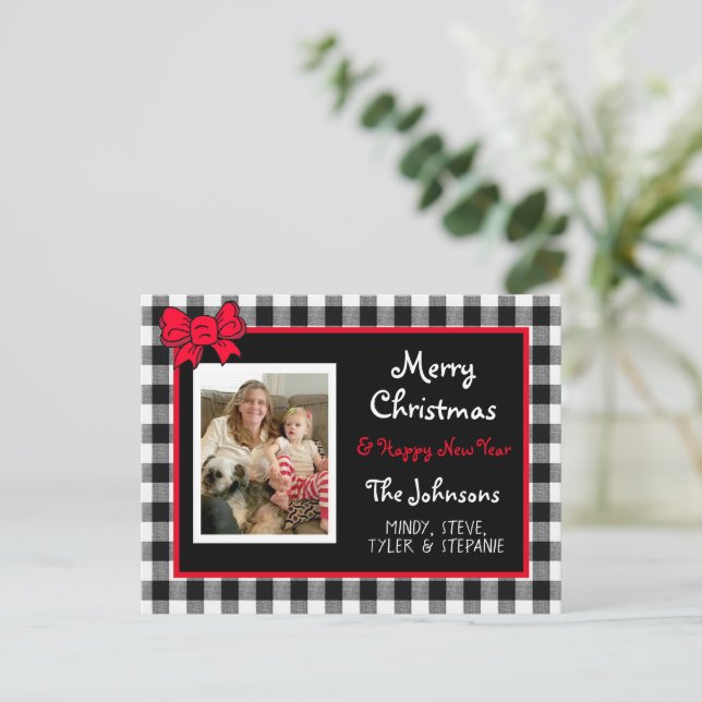 Postal Buffalo Plaid and Red Bow Photo Christmas  (Anverso de pie)