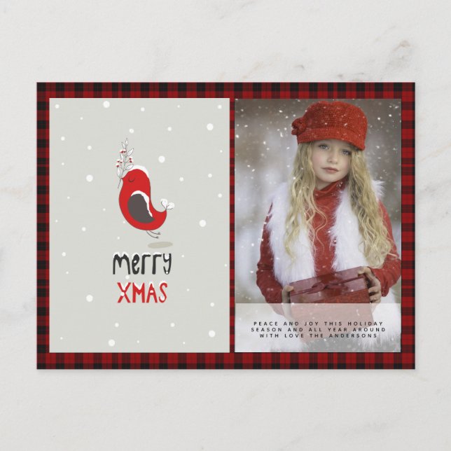 Postal Buffalo Plaid Photo Xmas New Year Folkart Red Robi (Anverso)