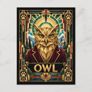 Postal Búho, Arte Deco Fauna