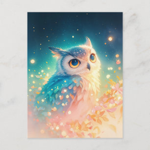 Postal Búho Azul Caprichoso en Bosque Brillante