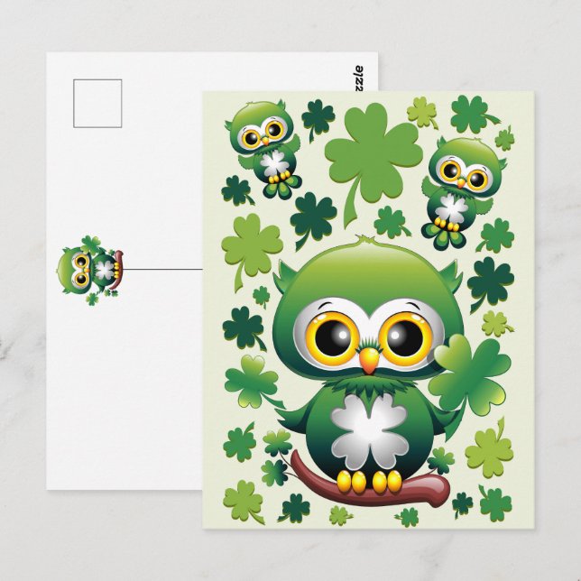 Postal Búho Bebé Lindo Cartoon de San Patricio (Anverso / Reverso)