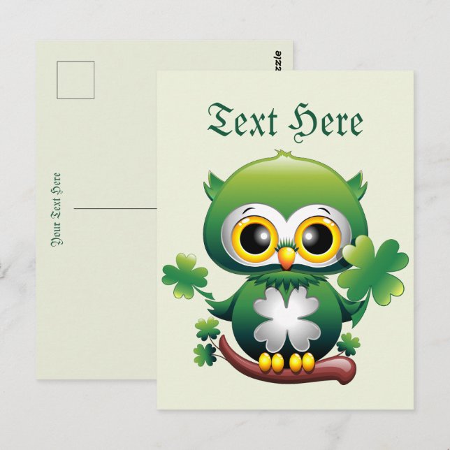 Postal Búho Bebé Lindo Cartoon de San Patricio (Anverso / Reverso)