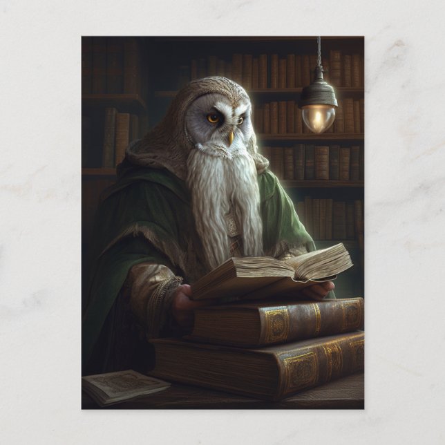 Postal Búho Bibliotecario Fantasy Art (Anverso)