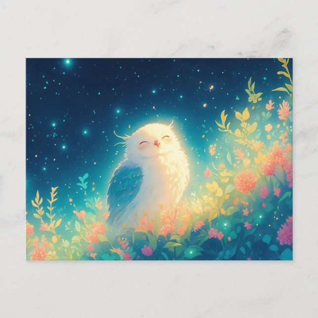 Postal Búho Blanco Brillante en Pradera Nocturna Estrella (Anverso)
