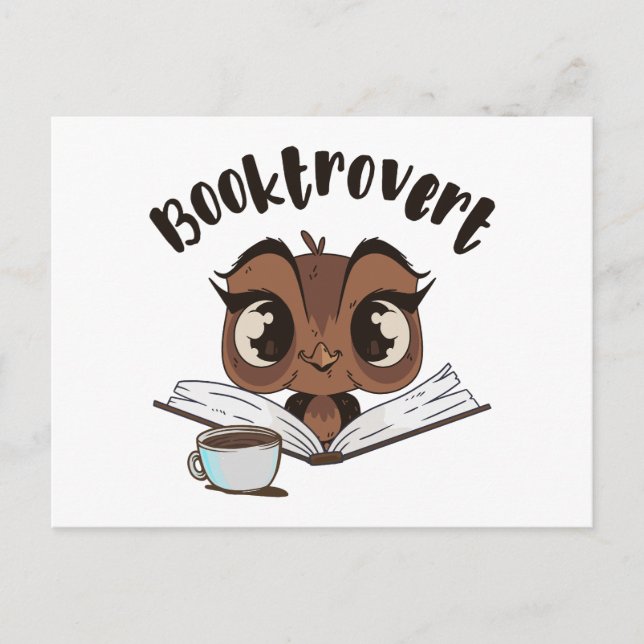 Postal búho Booktrovert con libro y café (Anverso)