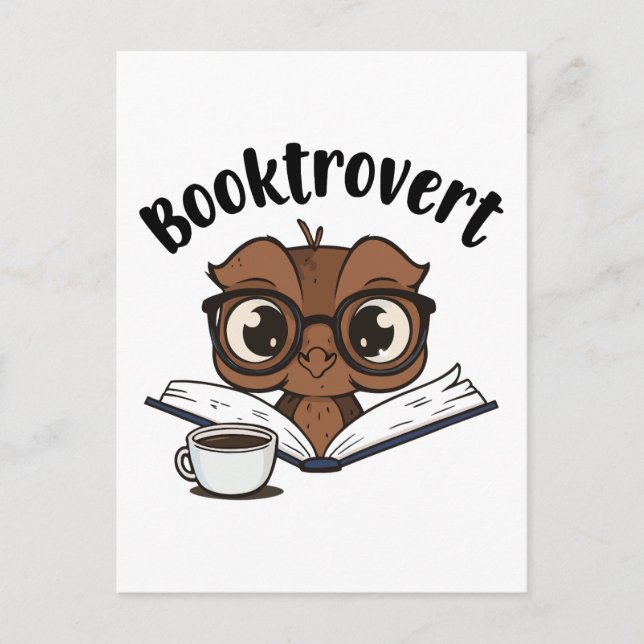 Postal búho Booktrovert con libro y café (Anverso)