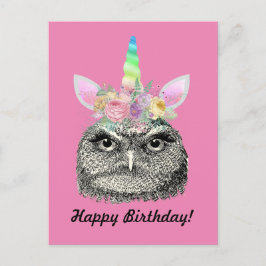 Postal Búho-Corno Antigüedad Unicornio Búho Feliz Cumplea