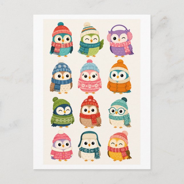 Postal Búho de dibujos animados de invierno lindo (Anverso)