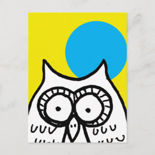 Postal Búho de dibujos animados ojos grandes y luna amari