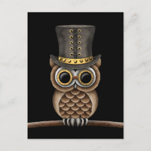 Postal Búho de Steampunk en una rama de negro