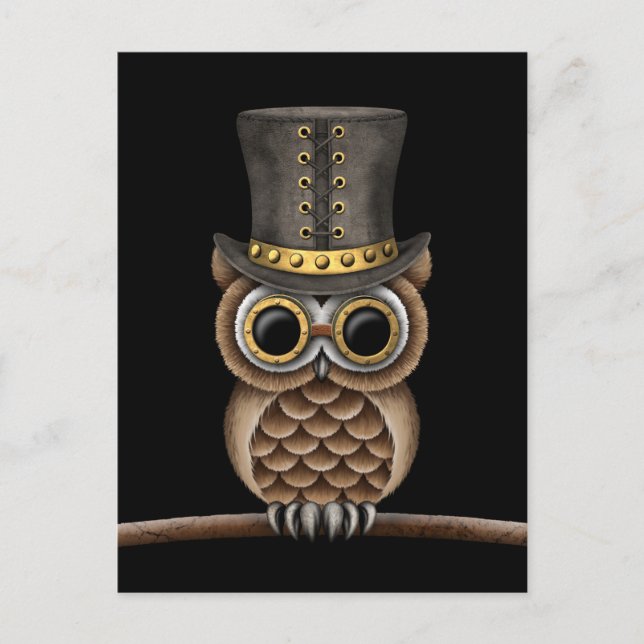 Postal Búho de Steampunk en una rama de negro (Anverso)