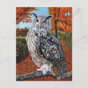 Postal Búho en arte fino de bosque otoñal