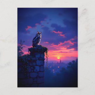 Postal Búho en azotea de la ciudad al atardecer