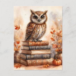 Postal Búho en libros Arte acuarela otoñal