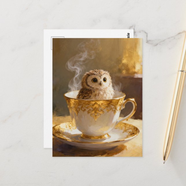 Postal Búho en una taza de té (Anverso/Reverso In Situ)