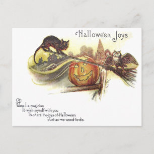 Postal Búho Gato Negro Jack O' Lantern Escoba de Bruja