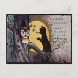 Postal Búho Gato Negro Luna Llena Árbol Noche