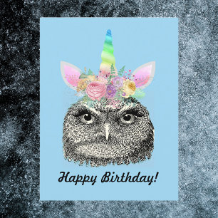 Postal Búho-Maíz Unicornio Antiguo Feliz Cumpleaños