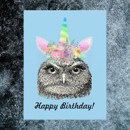 Postal Búho-Maíz Unicornio Antiguo Feliz Cumpleaños