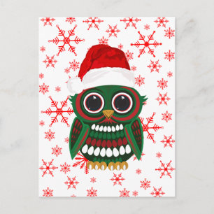 Postal Búho Navideño Adorable Copos de Nieve Rojos Fiesta
