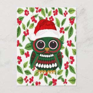 Postal Búho Navideño Adorable Muérdago Blanco Alegría Nav