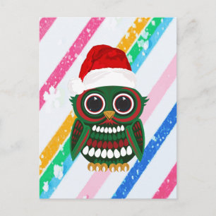 Postal Búho Navideño Adorable Rayas de Arcoíris Blancas F