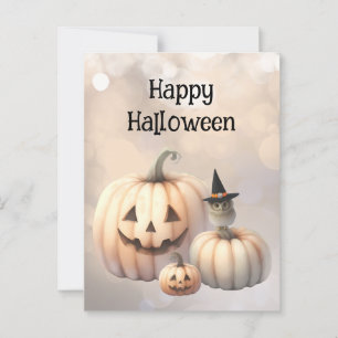 Postal Búho pequeño y calabazas de Halloween
