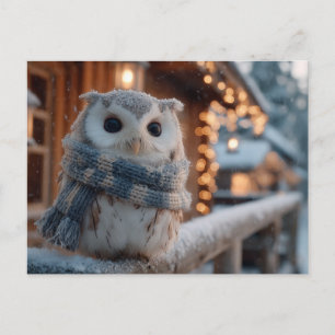 Postal Búho pequeño y lindo con bufanda de invierno tejid