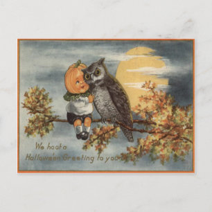 Postal Búho Pumpkinhead Árbol de Luna Llena Calabaza