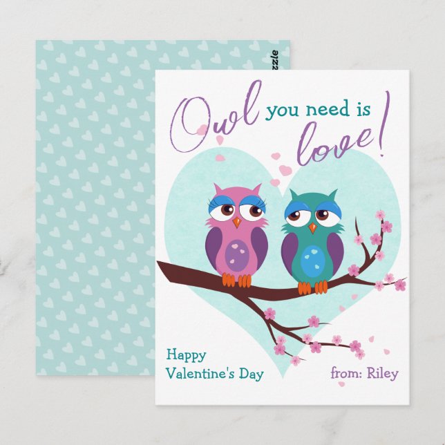 Postal Búho que necesitas es amor Día de San Valentín de  (Anverso / Reverso)
