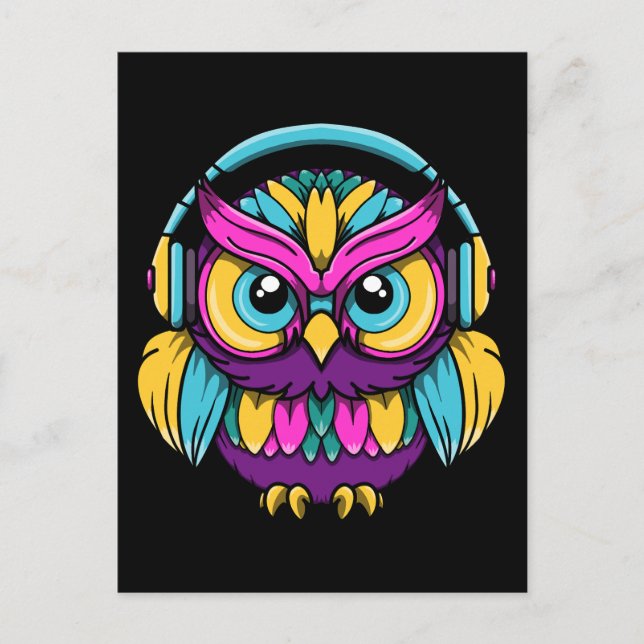 Postal Búho Retro con Auriculares (Anverso)