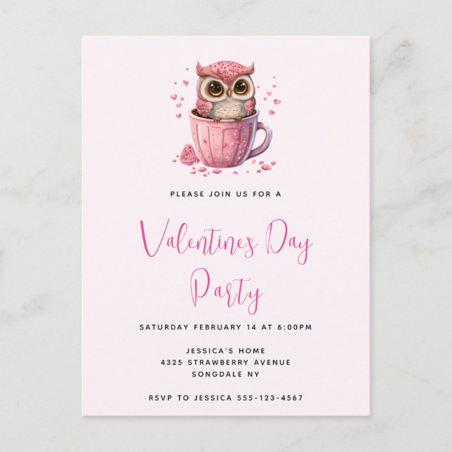 Postal Búho Rosa Lindo en una Taza Fiesta de San Valentín (Anverso)