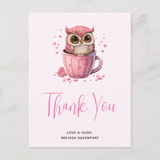 Postal Búho Rosa Lindo en una Taza Gracias (Anverso)