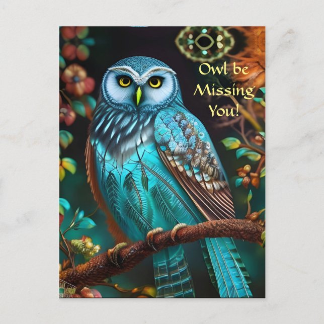 Postal Búho Turquesa Te Extraño (Anverso)