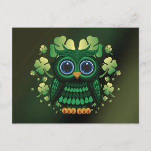 Postal Búho Verde Afortunado Arte de Trébol Día de San Pa