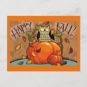 Postal Búho y Calabaza Feliz de Otoño