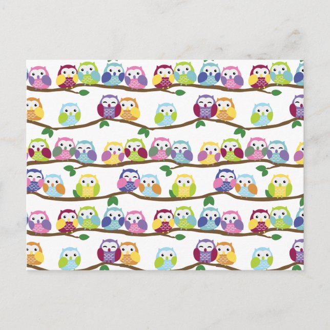 Postal Búhos coloridos en una rama (Anverso)