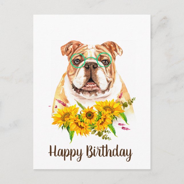 Postal Bulldog Cute Watercolor y Sunflowers Cumpleaños (Anverso)