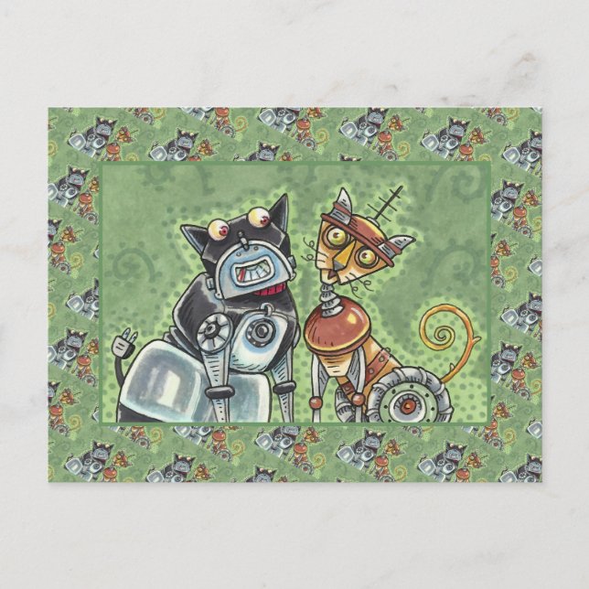 Postal BULLDOG DE ROBOT ADORABLE Y FELINE FRIENY Funny (Anverso)