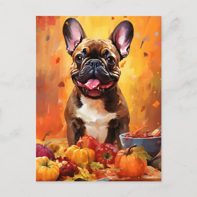 Postal Bulldog Francés Acción de Gracias de Otoño  (Anverso)