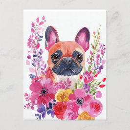 Postal Bulldog Francés Acuarela Floral