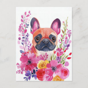 Postal Bulldog Francés Acuarela Floral