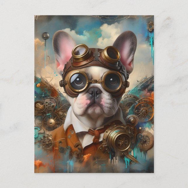 Postal Bulldog francés Adorable Steampunk (Anverso)