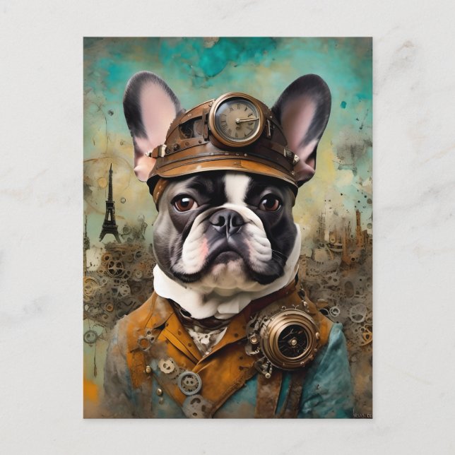 Postal Bulldog francés Adorable Steampunk (Anverso)