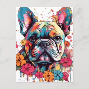 Postal Bulldog francés colorido con flores
